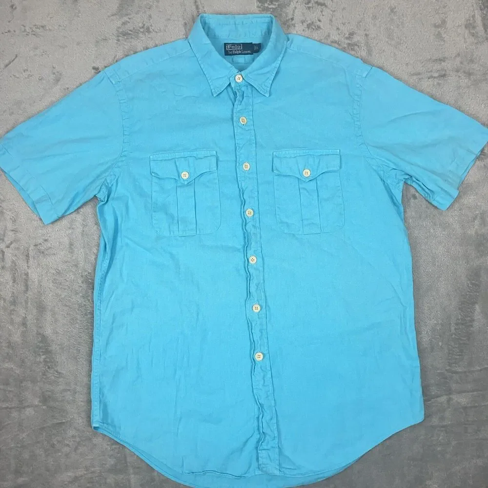 Polo Ralph Lauren Shirt Men's L Blue Linen Blend Safari Pockets Short Sleeve VTG